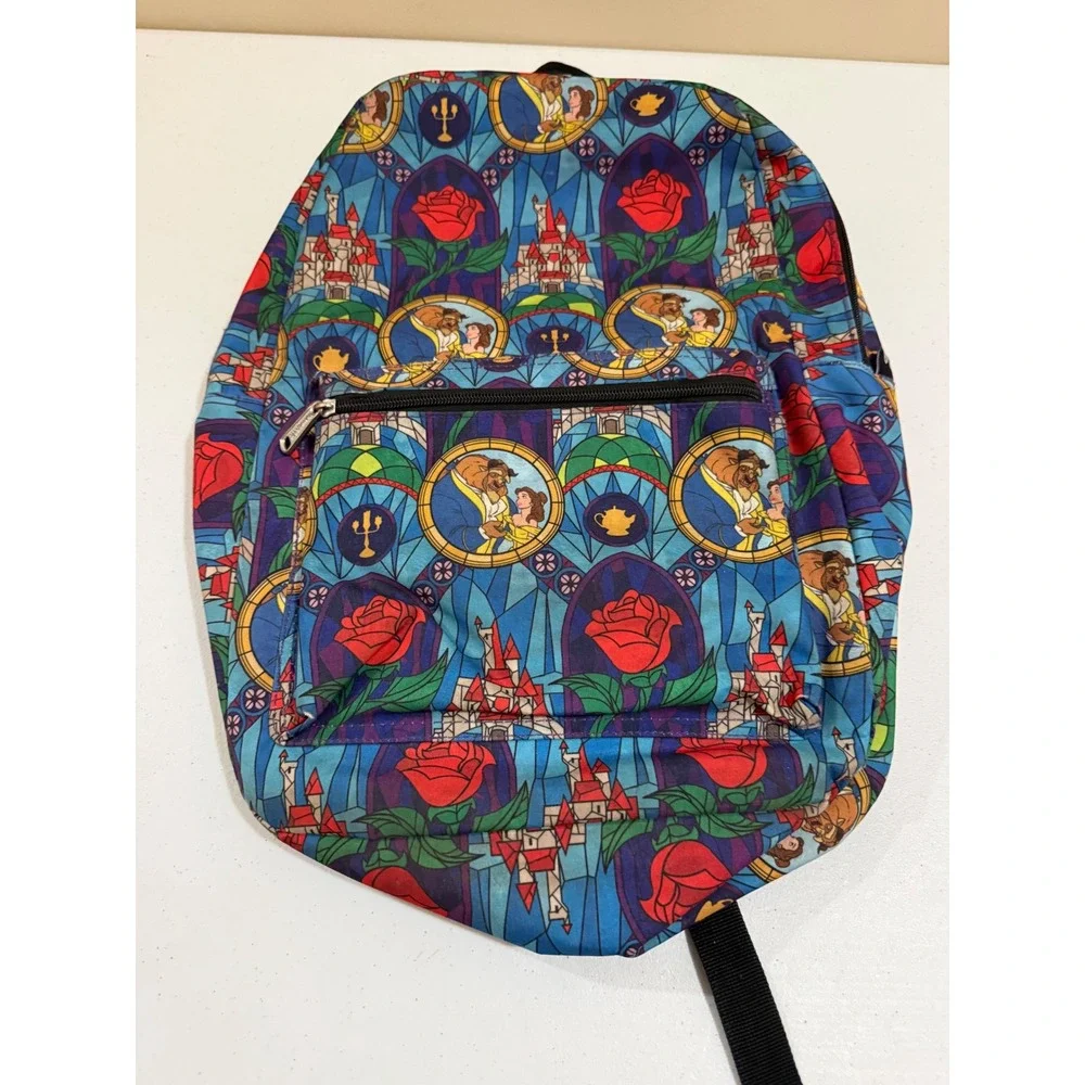 Loungefly Disney Beauty and the Beast Stained Glass Print Backpack Blue Multi